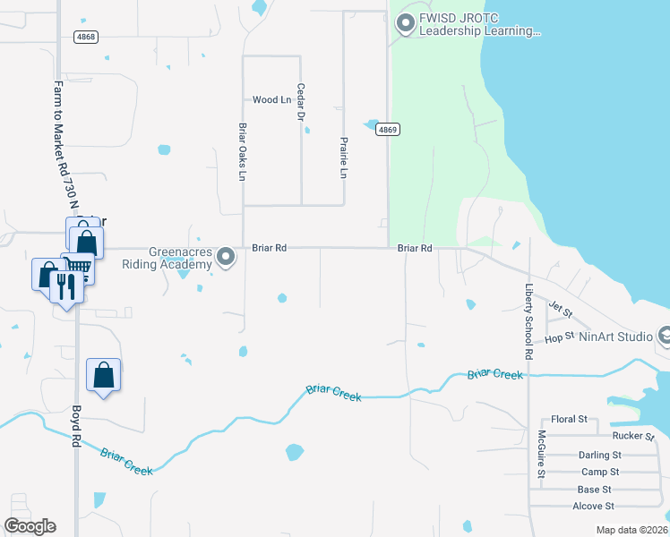 map of restaurants, bars, coffee shops, grocery stores, and more near 7725-7885 Briar Road in Azle