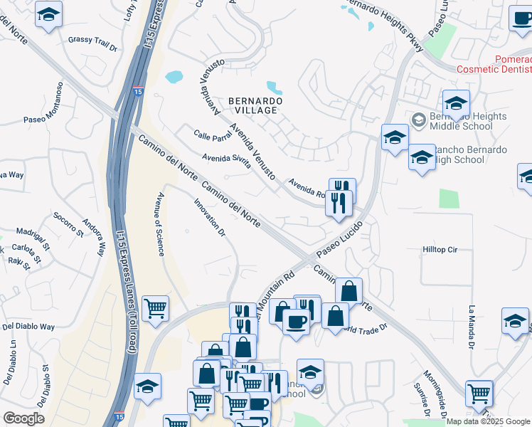 map of restaurants, bars, coffee shops, grocery stores, and more near 12007 Alta Carmel Court in San Diego
