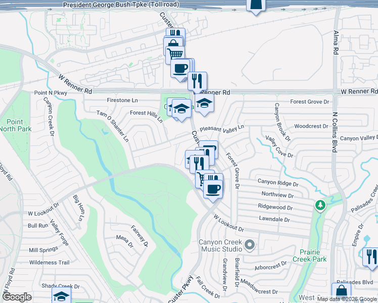 map of restaurants, bars, coffee shops, grocery stores, and more near 50 Crown Place in Richardson