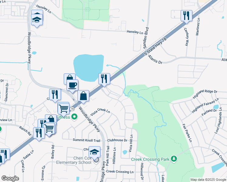 map of restaurants, bars, coffee shops, grocery stores, and more near 7920 Country Club Drive in Sachse