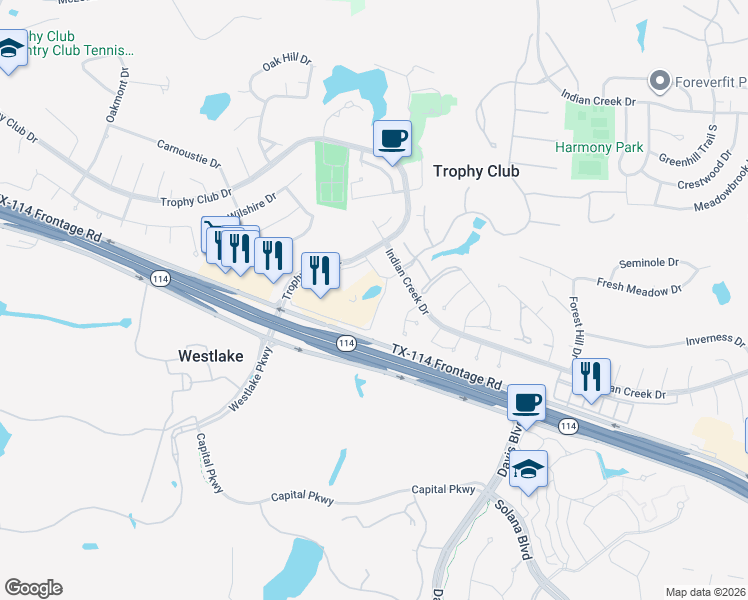 map of restaurants, bars, coffee shops, grocery stores, and more near 125 Claire Drive in Trophy Club