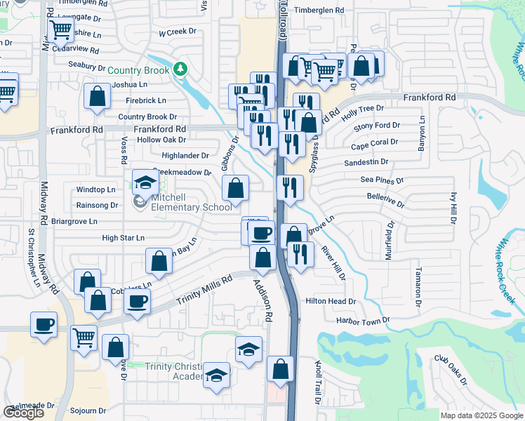 map of restaurants, bars, coffee shops, grocery stores, and more near 4615 Creekmeadow Drive in Dallas