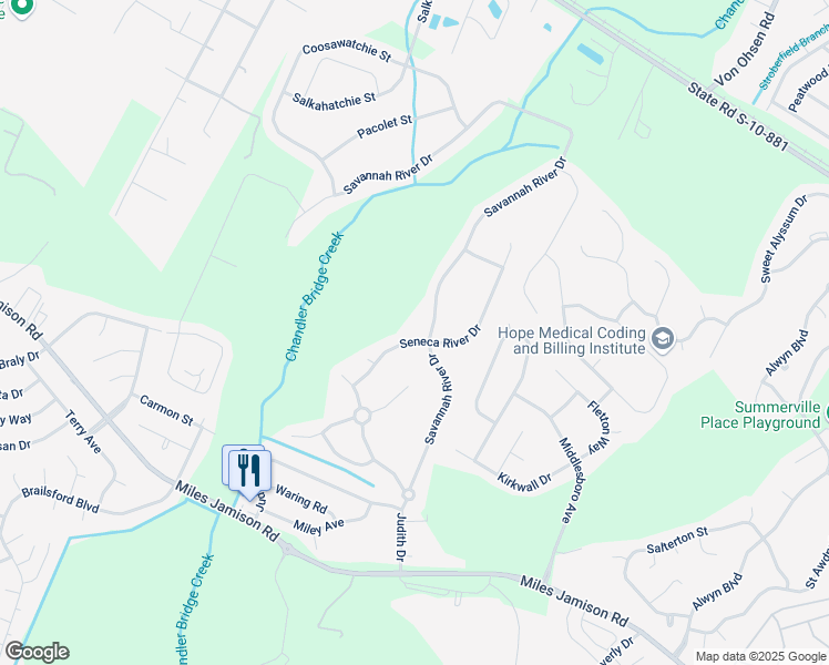 map of restaurants, bars, coffee shops, grocery stores, and more near 209-211 Savannah River Drive in Summerville