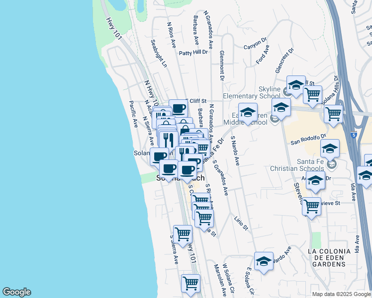 map of restaurants, bars, coffee shops, grocery stores, and more near 209 North Rios Avenue in Solana Beach