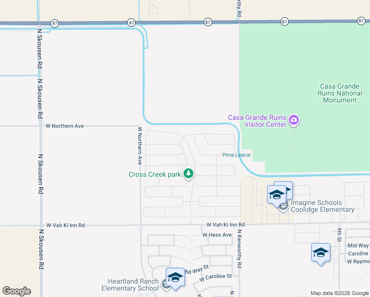 map of restaurants, bars, coffee shops, grocery stores, and more near 1343 North Topaz Trail in Coolidge