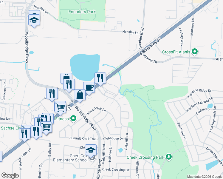 map of restaurants, bars, coffee shops, grocery stores, and more near 7920 Country Club Drive in Sachse
