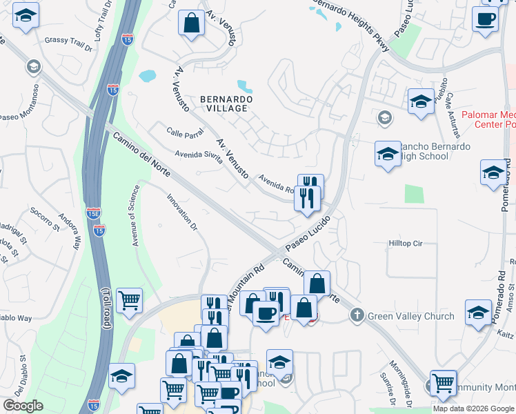 map of restaurants, bars, coffee shops, grocery stores, and more near 12136 Avenida Sivrita in San Diego