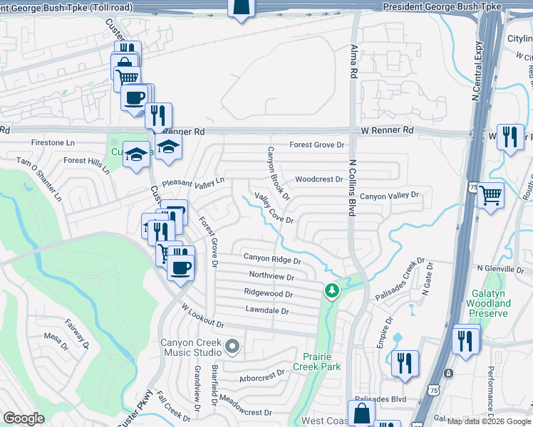 map of restaurants, bars, coffee shops, grocery stores, and more near 406 Valley Cove Drive in Richardson