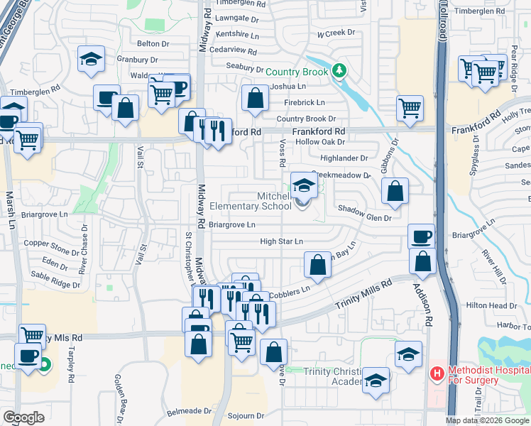 map of restaurants, bars, coffee shops, grocery stores, and more near 18036 Windtop Lane in Dallas