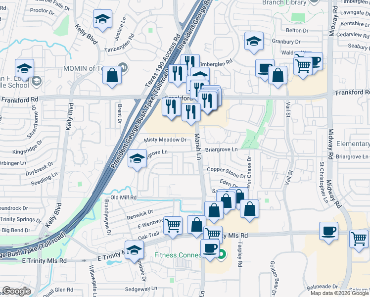 map of restaurants, bars, coffee shops, grocery stores, and more near 344 Misty Meadow Drive in Dallas