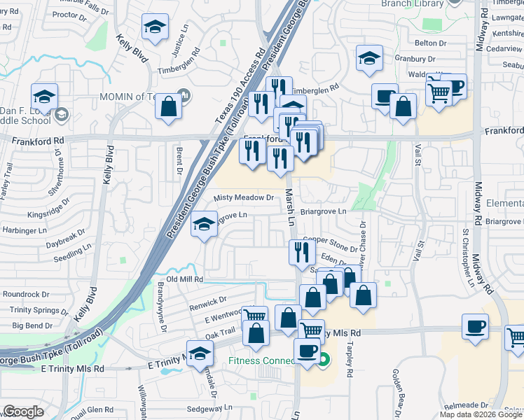 map of restaurants, bars, coffee shops, grocery stores, and more near 344 Misty Meadow Drive in Dallas