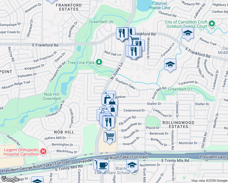 map of restaurants, bars, coffee shops, grocery stores, and more near 2913 Arcadia Lane in Carrollton