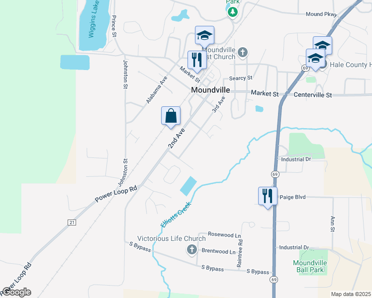 map of restaurants, bars, coffee shops, grocery stores, and more near 138 3rd Ave in Moundville