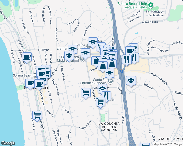 map of restaurants, bars, coffee shops, grocery stores, and more near 622 San Rodolfo Drive in Solana Beach