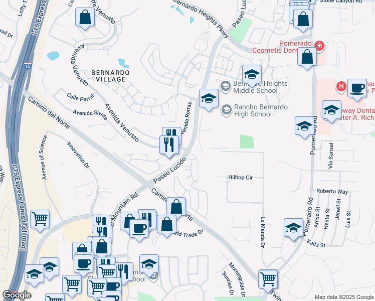 map of restaurants, bars, coffee shops, grocery stores, and more near Paseo Lucido & Avenida Venusto in San Diego