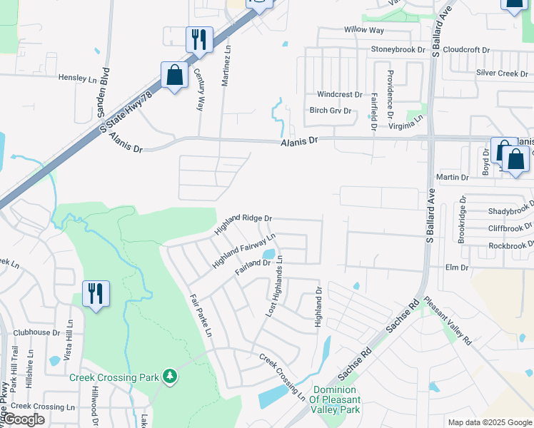 map of restaurants, bars, coffee shops, grocery stores, and more near 338 Highland Ridge Drive in Wylie
