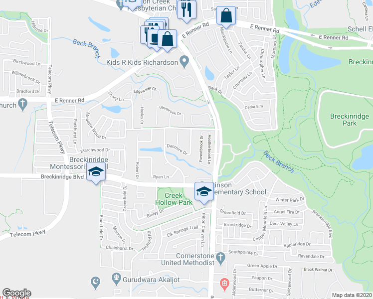 map of restaurants, bars, coffee shops, grocery stores, and more near 3201 Tearose Drive in Richardson