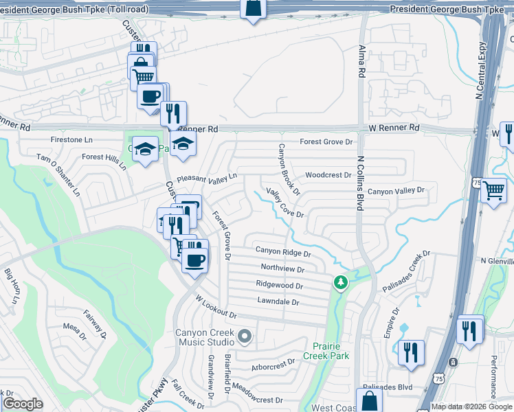 map of restaurants, bars, coffee shops, grocery stores, and more near 417 Valley Cove Drive in Richardson