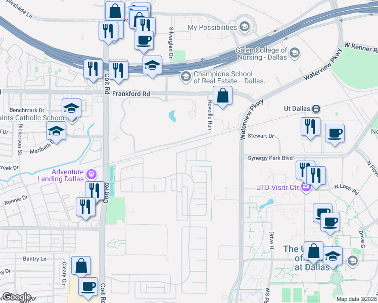 map of restaurants, bars, coffee shops, grocery stores, and more near 8231 Snapdragon Way in Dallas