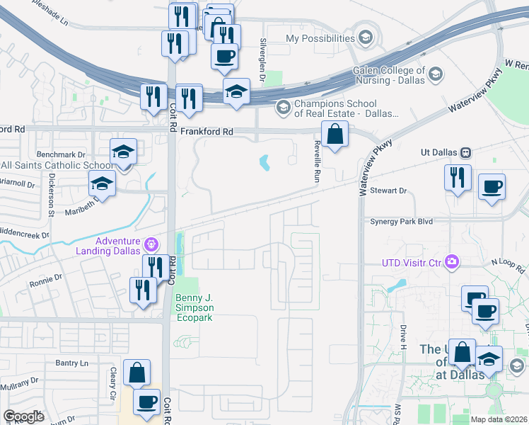 map of restaurants, bars, coffee shops, grocery stores, and more near 8121 Snapdragon Way in Dallas