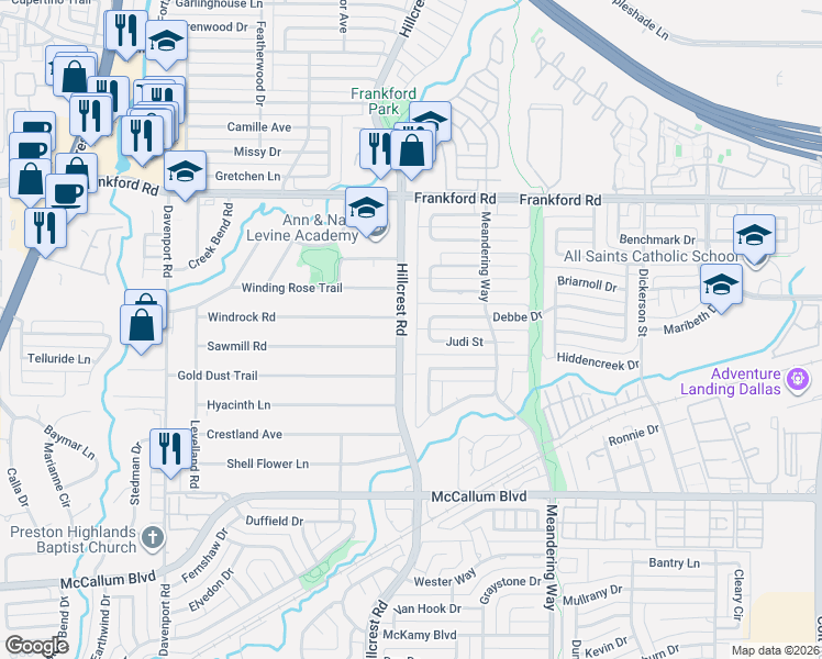 map of restaurants, bars, coffee shops, grocery stores, and more near 17904 Hillcrest Road in Dallas