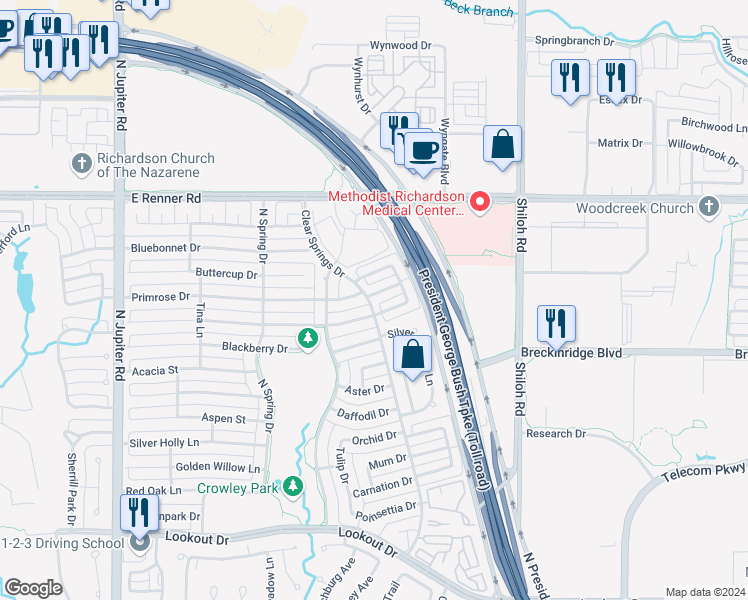 map of restaurants, bars, coffee shops, grocery stores, and more near 2702 Garden Springs Drive in Richardson