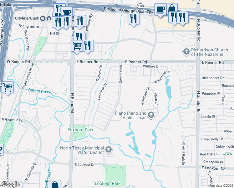 map of restaurants, bars, coffee shops, grocery stores, and more near 3102 Owens Boulevard in Richardson