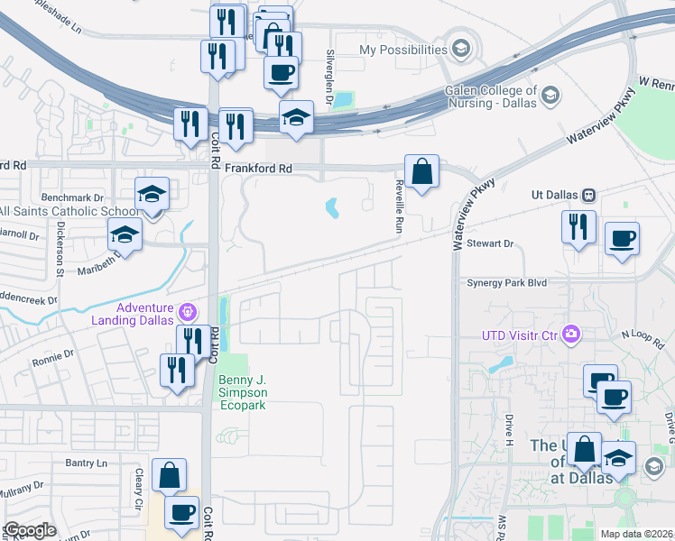map of restaurants, bars, coffee shops, grocery stores, and more near 17781 Sage Lane in Dallas