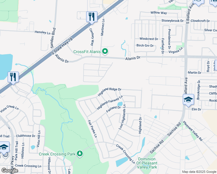 map of restaurants, bars, coffee shops, grocery stores, and more near 418 Highland Ridge Drive in Wylie