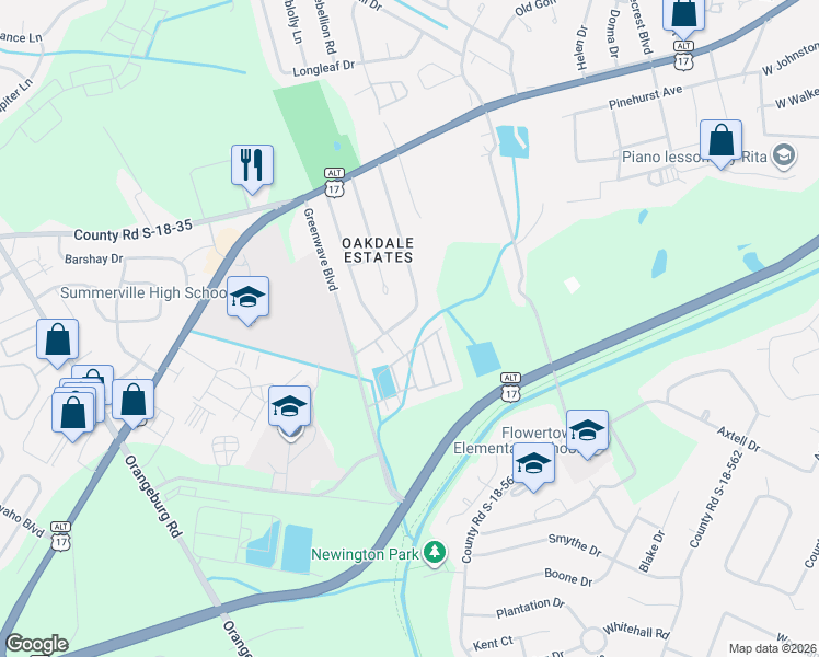 map of restaurants, bars, coffee shops, grocery stores, and more near 218 Forest Circle in Summerville