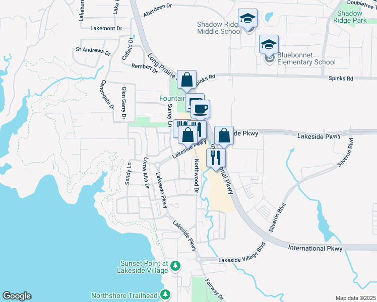 map of restaurants, bars, coffee shops, grocery stores, and more near 2501 Lakeside Parkway in Flower Mound