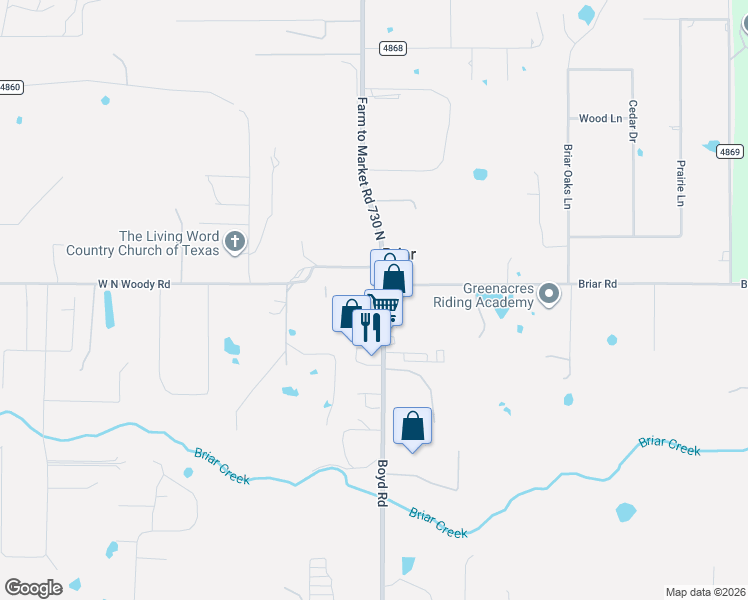 map of restaurants, bars, coffee shops, grocery stores, and more near 14551 Farm to Market Road 730 North in Azle