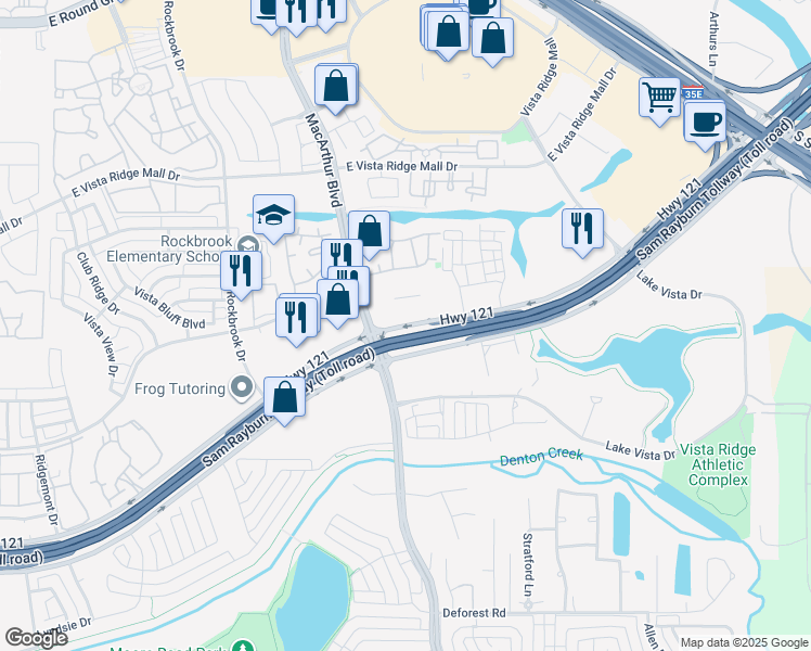 map of restaurants, bars, coffee shops, grocery stores, and more near 613 State Highway 121 in Lewisville