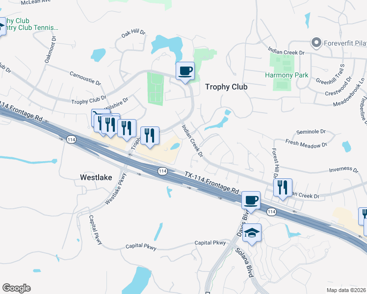 map of restaurants, bars, coffee shops, grocery stores, and more near 102 Indian Creek Drive in Trophy Club