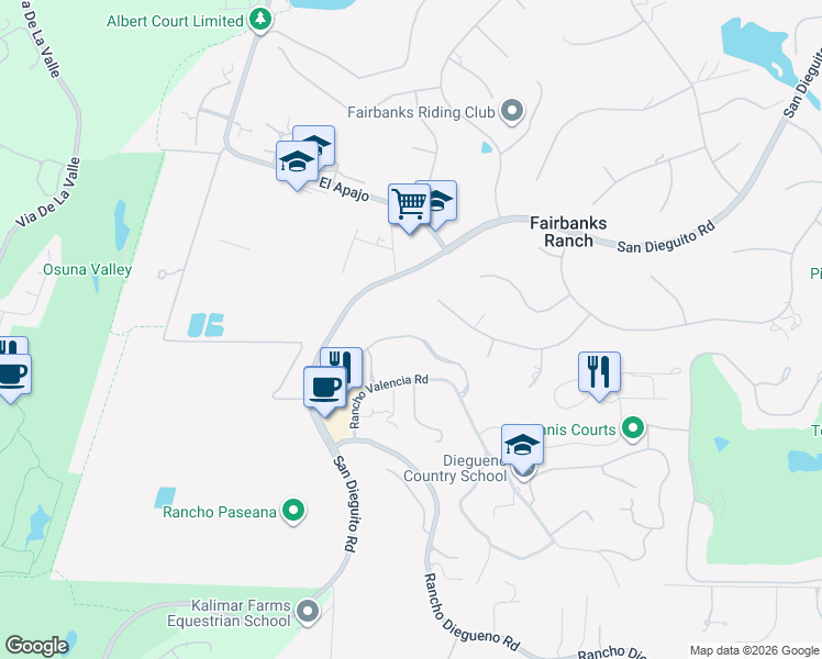 map of restaurants, bars, coffee shops, grocery stores, and more near 15514 Churchill Downs in Rancho Santa Fe