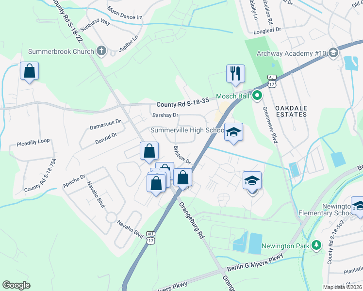 map of restaurants, bars, coffee shops, grocery stores, and more near 203 Froman Drive in Summerville