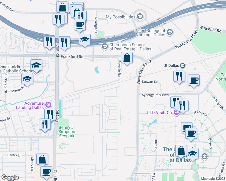 map of restaurants, bars, coffee shops, grocery stores, and more near 8231 Snapdragon Way in Dallas