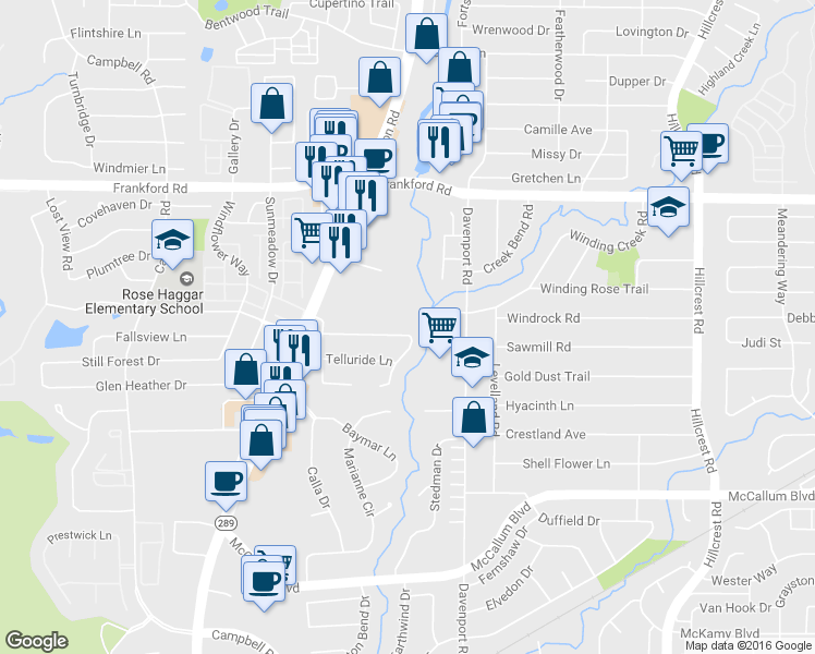 map of restaurants, bars, coffee shops, grocery stores, and more near 17766 Preston Road in Dallas