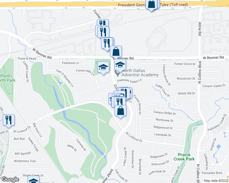 map of restaurants, bars, coffee shops, grocery stores, and more near 25 Crown Place in Richardson