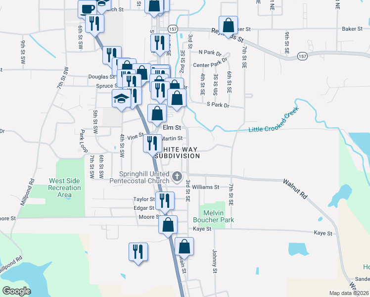 map of restaurants, bars, coffee shops, grocery stores, and more near 802 3rd Street Southeast in Springhill