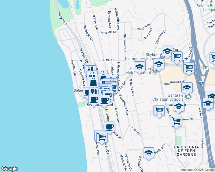 map of restaurants, bars, coffee shops, grocery stores, and more near 147 South Rios Avenue in Solana Beach