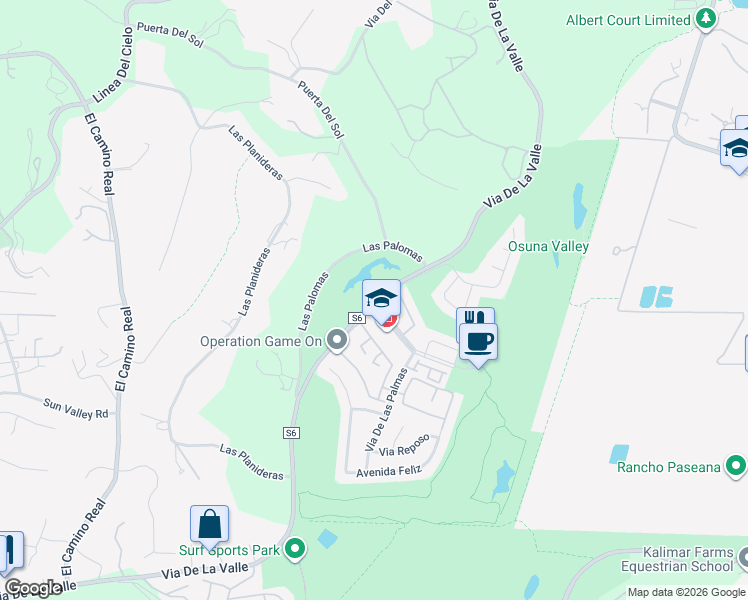 map of restaurants, bars, coffee shops, grocery stores, and more near Via De La Valle & Cancha De Golf in Rancho Santa Fe