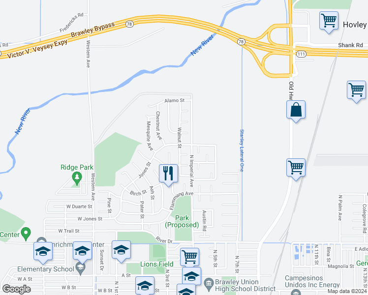 map of restaurants, bars, coffee shops, grocery stores, and more near 1120 Jones Street in Brawley