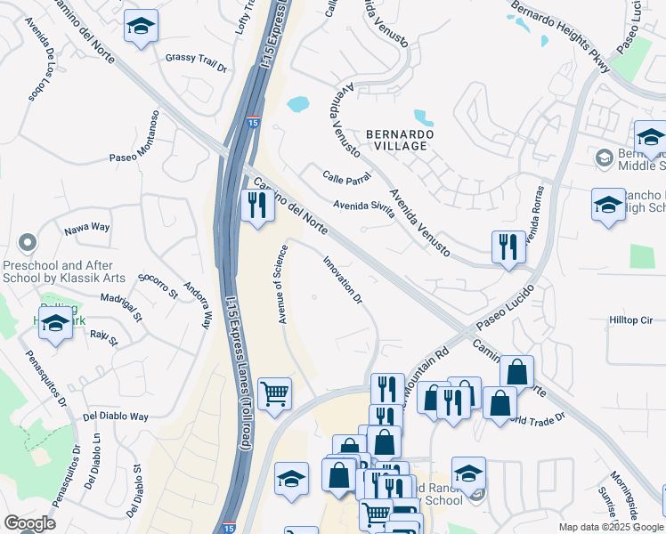map of restaurants, bars, coffee shops, grocery stores, and more near 15336 Innovation Drive in San Diego