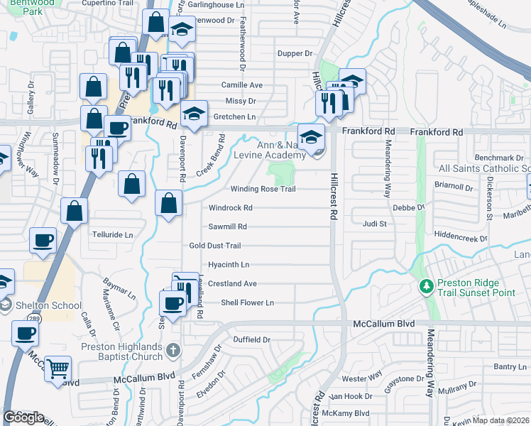 map of restaurants, bars, coffee shops, grocery stores, and more near 6705 Windrock Road in Dallas