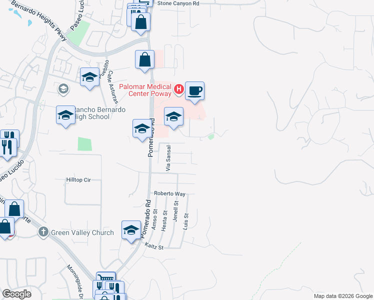 map of restaurants, bars, coffee shops, grocery stores, and more near 12733 Via La Gardenia in Poway