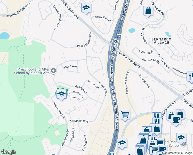 map of restaurants, bars, coffee shops, grocery stores, and more near 15389 Andorra Way in San Diego