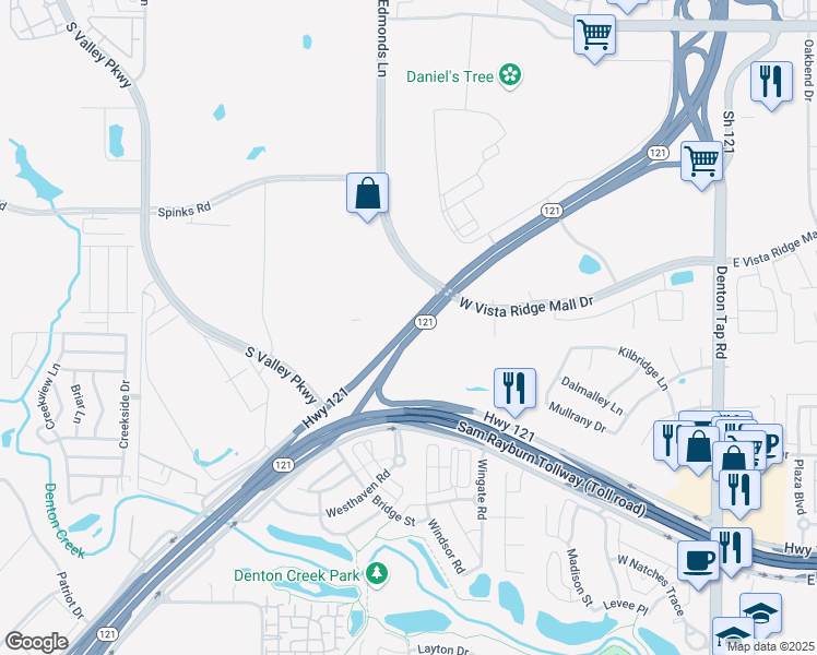 map of restaurants, bars, coffee shops, grocery stores, and more near 5505 Texas 121 Business in Lewisville