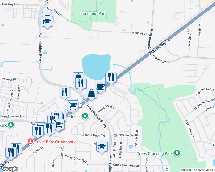map of restaurants, bars, coffee shops, grocery stores, and more near 7925 Country Club Drive in Sachse