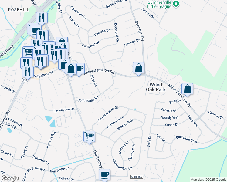 map of restaurants, bars, coffee shops, grocery stores, and more near 107 Community Road in Summerville